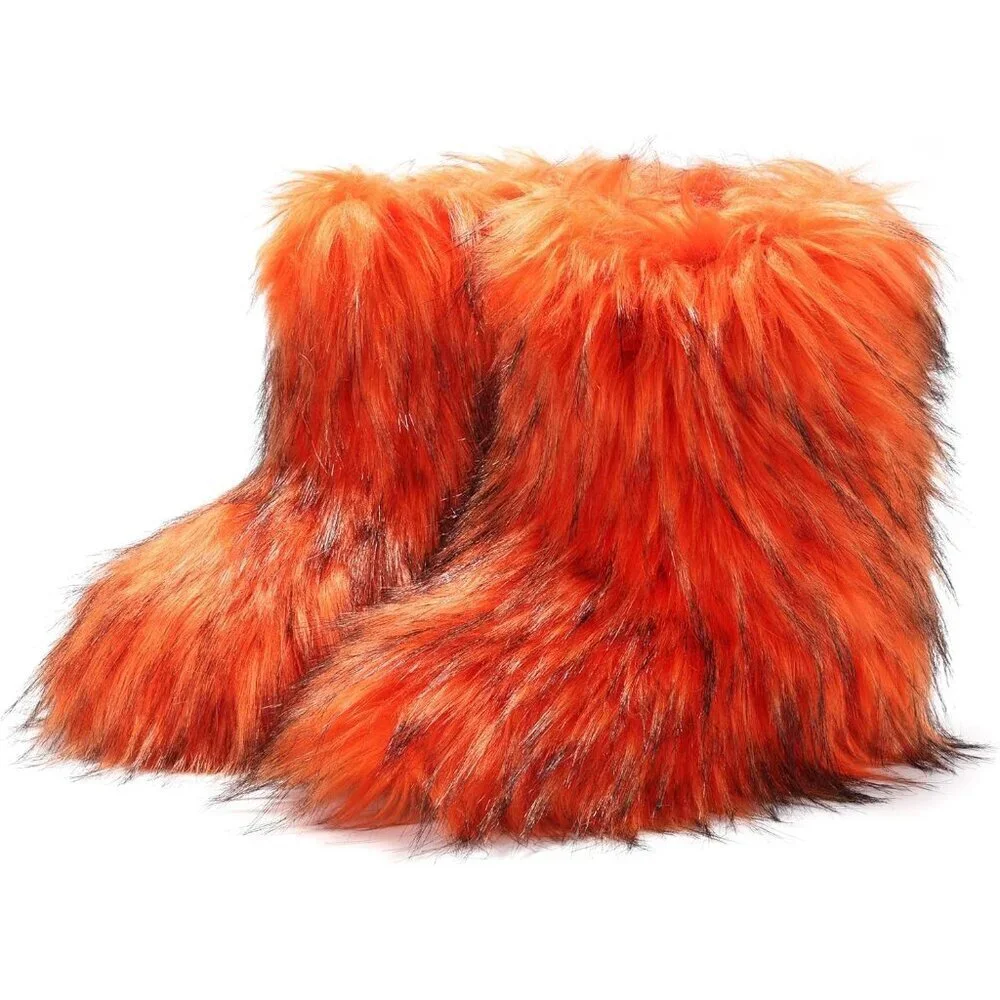 Women's Orange Round Toe Suede Snow Winter Comfy Plush Warm Short Mid-calf Boots